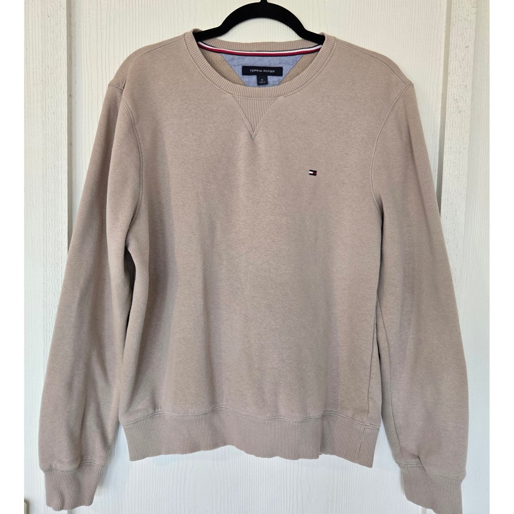 Tommy Hilfiger Mens Tan Beige Crewneck Fleece Sweatshirt Size M‎ Preppy Academia